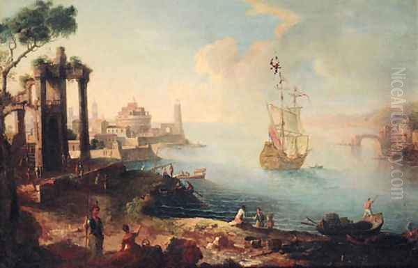 A capriccio of an Eastern harbour with fisherfolk on the shore, a man-o'-war beyond Oil Painting by Agostino Tassi