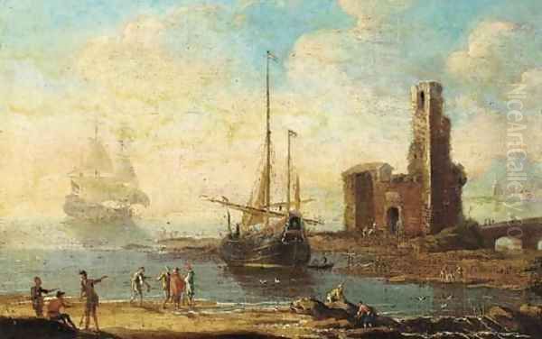 A Mediterranean coastal inlet with shipping and figures on the shore, a tower with a bridge beyond Oil Painting by Agostino Tassi