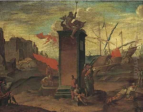 A Mediterranean harbour with a statue of Neptune being sketched by an artist, a Maltese ship moored beyond Oil Painting by Agostino Tassi