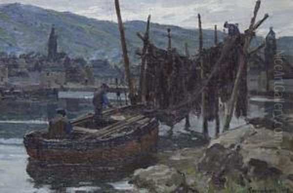 Fishermen Drying Nets Oil Painting by Terrick John Williams