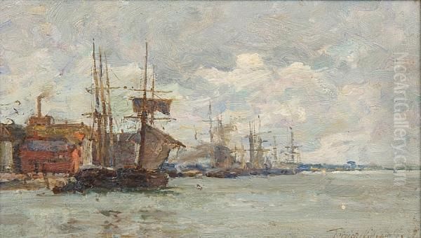 Shipping In A Harbour Oil Painting by Terrick John Williams