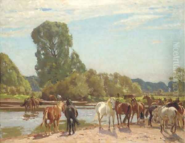 New Forest ponies at Tyrrell's Ford Oil Painting by Algernon Talmage