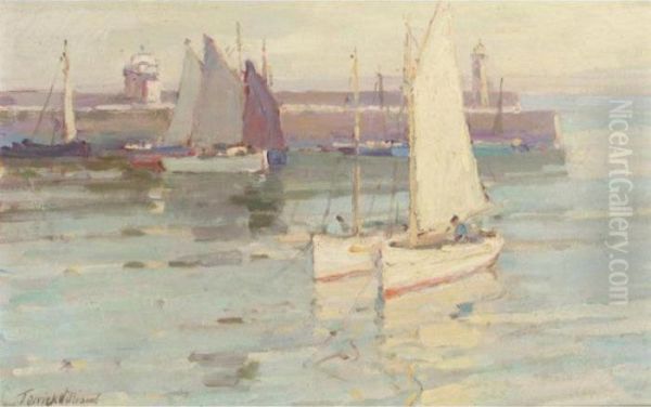 Sailing Boats By A Jetty Oil Painting by Terrick John Williams