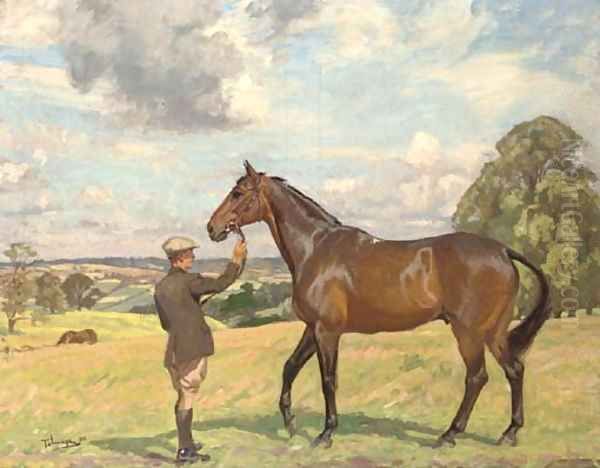 A hunter and groom in an extensive landscape Oil Painting by Algernon Talmage