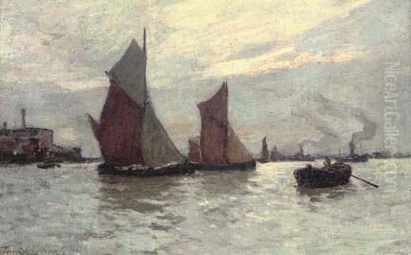 Barges On The Thames At Dusk Oil Painting by Terrick John Williams