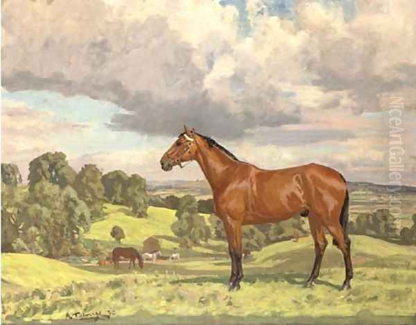 Hunters grazing in an extensive landscape Oil Painting by Algernon Talmage