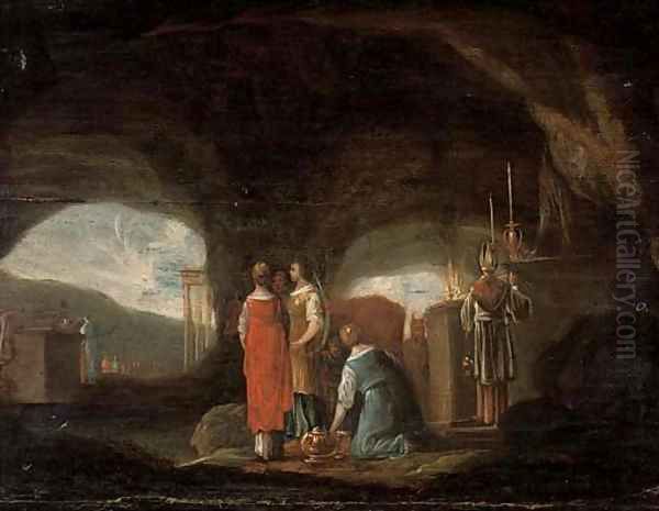 A grotto with a pagan sacrifice Oil Painting by Rombout Van Troyen