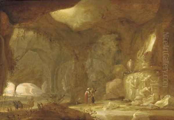 A natural grotto with figures approaching a shrine Oil Painting by Rombout Van Troyen