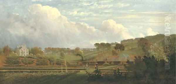 A kitchen garden traditionally identified as in Hampstead, a house and outbuildings beyond Oil Painting by William Tomkins