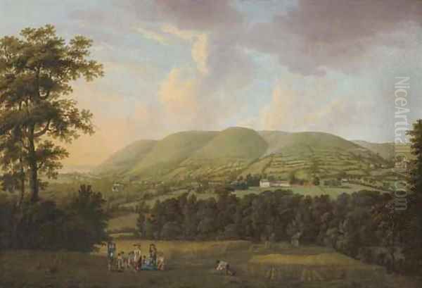 View Of Holnicote House, Somerset, With Harvesters Resting In Foreground Oil Painting by William Tomkins