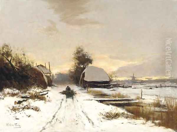 Winter a woodgatherer on a snow covered path at dusk Oil Painting by Hendrik Otto Van Thol