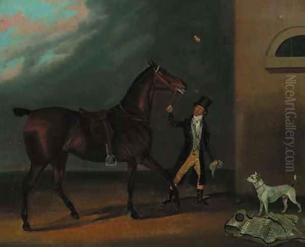 A bay racehorse with a groom and a dog outside a stable Oil Painting by Clifton Tomson