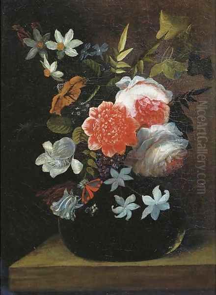 Roses, lilies, tulips and other flowers in a glass vase with a butterfly on a wooden ledge Oil Painting by Jan Philip van Thielen