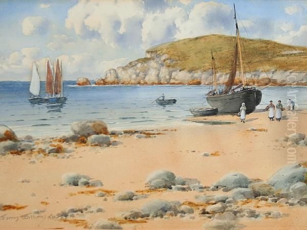 An Anglesey Coast, With Fisherfolk On Theshore Oil Painting by Warren Williams