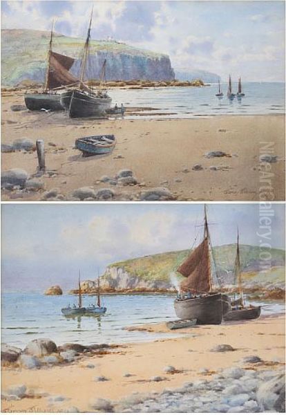 Shore Scene With Beached Fishing Boats, Andanother Similar Oil Painting by Warren Williams