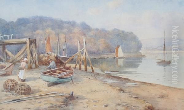 Fishing Boats On A Conway Quay Oil Painting by Warren Williams