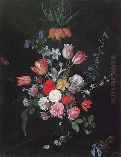 Parrot tulips, roses, carnations, bluebells, irises and crown imperial in a glass vase Oil Painting by Jan Philip van Thielen