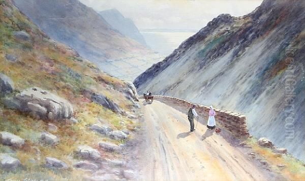 Sychnant Pass, With Travellers, Horse And Cart Before An Extensive Landscape Oil Painting by Warren Williams