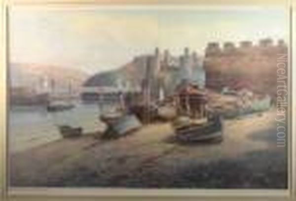 Conwy With Fishermen Attending Boats Oil Painting by Warren Williams