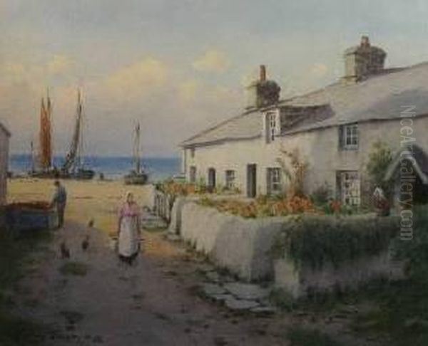 Coastal Scene With Cottages Oil Painting by Warren Williams