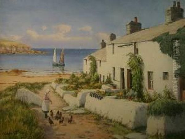 Cottages At Cemaes With Girl Feeding Chickens And Boats In The Distance Oil Painting by Warren Williams