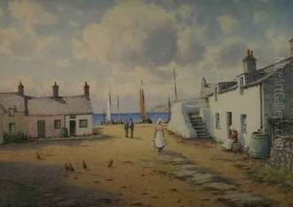 Anglesey Coastal Scene With Courtyard Cottages Oil Painting by Warren Williams