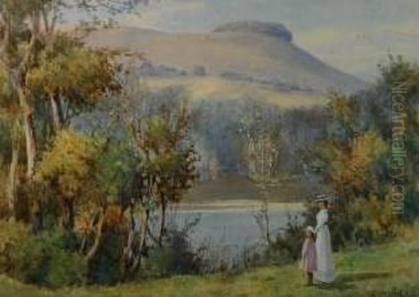 Rural Landscape With Mother And Child Standing By A River Oil Painting by Warren Williams