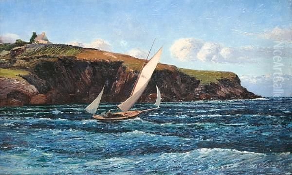 Sailing Yacht Off A Welsh Headland Oil Painting by Warren Williams