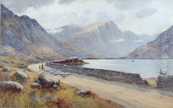 A Mountainous Lakeside Scene With Shepherd Andflock Oil Painting by Warren Williams