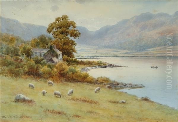 Extensivelandscape With Sheep Before A Loch Oil Painting by Warren Williams