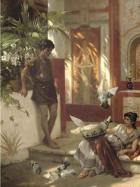 Feeding the doves in an Atrium Oil Painting by Albert Tschautsch