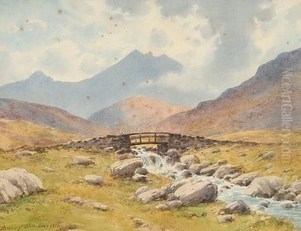 Welsh Moorland Landscape With Stream And Figure Stood On An Arched Bridge Oil Painting by Warren Williams