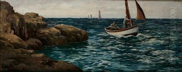 Fishing Boats Off The Coast Oil Painting by Warren Williams