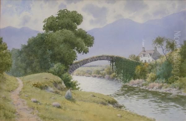 Old Roman Bridge,meanturog, An Angler On A Riverbank Oil Painting by Warren Williams