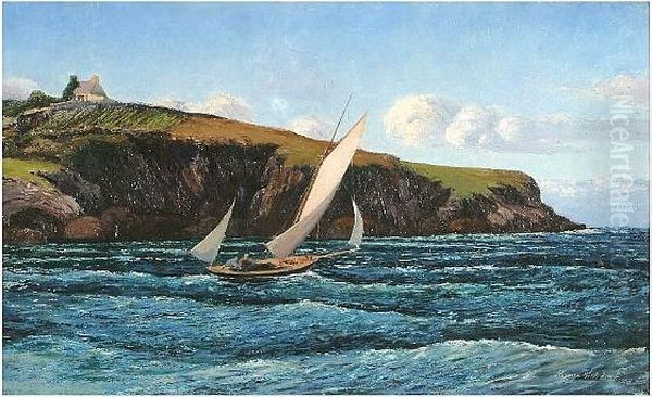 Sailing Yacht Off The Coast, Thought To Be Anglesey Oil Painting by Warren Williams