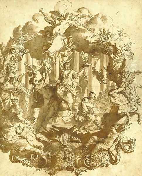 Study for a wall decoration a seated allegorical female figure holding a Cardinal's hat surrounded by Peace and figures trampling Heresy and War Oil Painting by Matthaus Terwesten