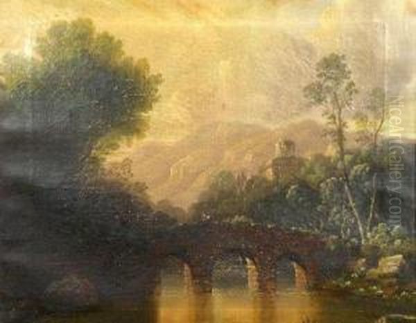 Figures On A Bridge In An Extensive Wooded Landscape Oil Painting by Richard Wilson