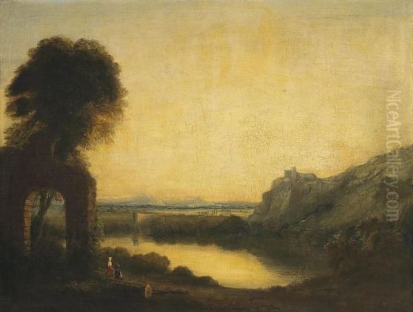 A Wooded River Landscape With Figures, Ruins Beyond Oil Painting by Richard Wilson