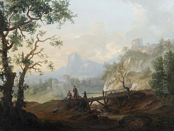 Figures In An Italianate Landscape Oil Painting by Richard Wilson