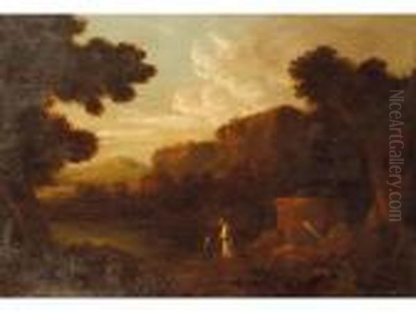 A Classical Lake Scene With Figures Beside Ruins Oil Painting by Richard Wilson