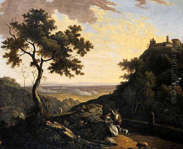 An Italianate Landscape With Two
 Figures Conversing Beneath A Hillside, Classical Buildings On The 
Hilltop, A View Across A Distant Plain Beyond Oil Painting by Richard Wilson