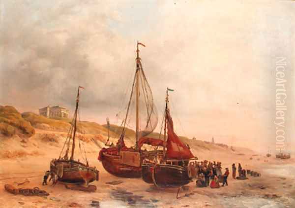 Numerous fisherfolk and a fishing fleet near Paviljoen von Wied, Scheveningen in the distance Oil Painting by Willem Troost