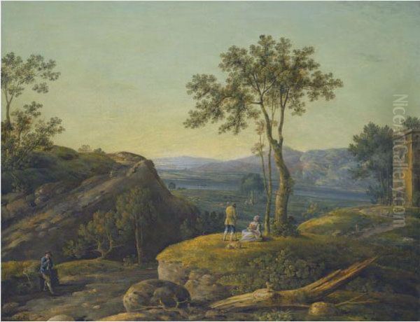 An Italianate River Landscape 
With Figures Resting In Theforeground And Sheep And Cattle In The Middle
 Distance Oil Painting by Richard Wilson