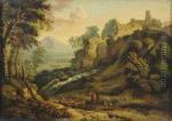 Driving Goats In An Italianate Landscape Oil Painting by Richard Wilson