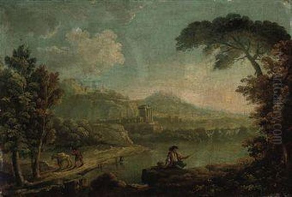 A Wooded River Landscape With An Angler And Classical Ruinsbeyond Oil Painting by Richard Wilson