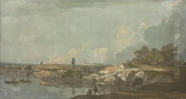 An Extensive River Landscape, With Fishermen In Theforeground Oil Painting by Richard Wilson