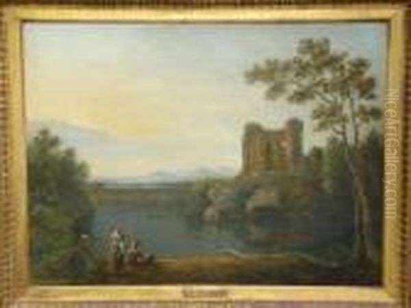 Italianate River Landscape With Figures Seatedon The Bank, Before A Castle Oil Painting by Richard Wilson