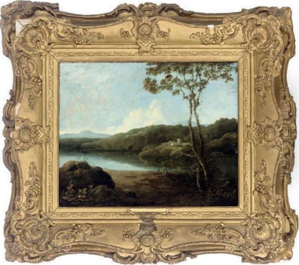 Figures Beside A Lake Oil Painting by Richard Wilson