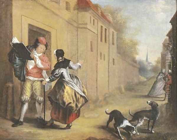 An elegant couple conversing in a town street Oil Painting by Cornelis Troost