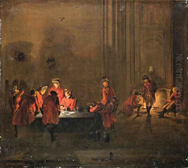 An interior with soldiers playing cards and resting by a fire Oil Painting by Cornelis Troost